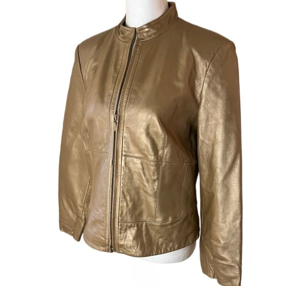 Yvonne Le Marie Gold Metallic Soft Lamb Leather Lined Jacket 3/4 Zip Size 6 - Picture 5 of 12